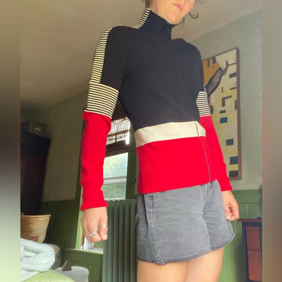 Moschino Sweaters - Moschino Cheap & Chic 90s wool blend ribbed apres ski red black cardigam sweater